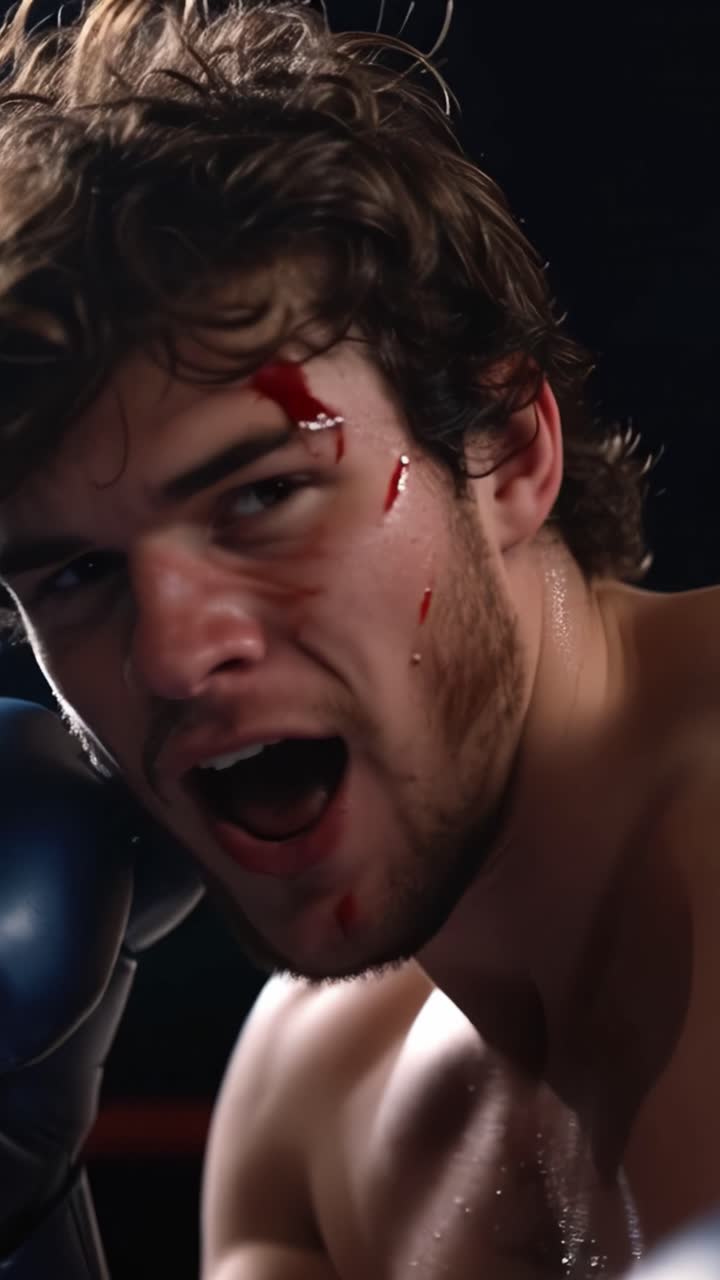 Un intenso incontro di boxe che mostra un atleta determinato sul ring, il quale esibisce grinta e resilienza nonostante gli infortuni subiti in una competizione avvincente.