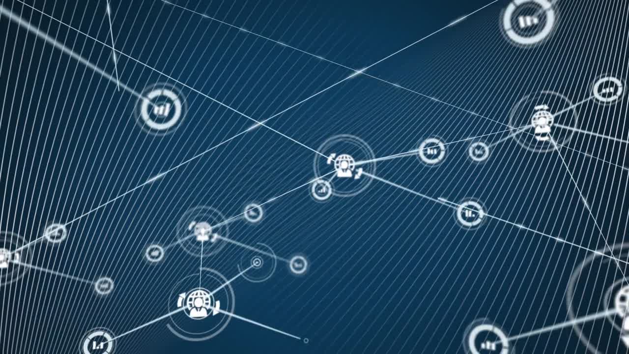 Animation of interface showing network of connected people and globe icons and white lines on black