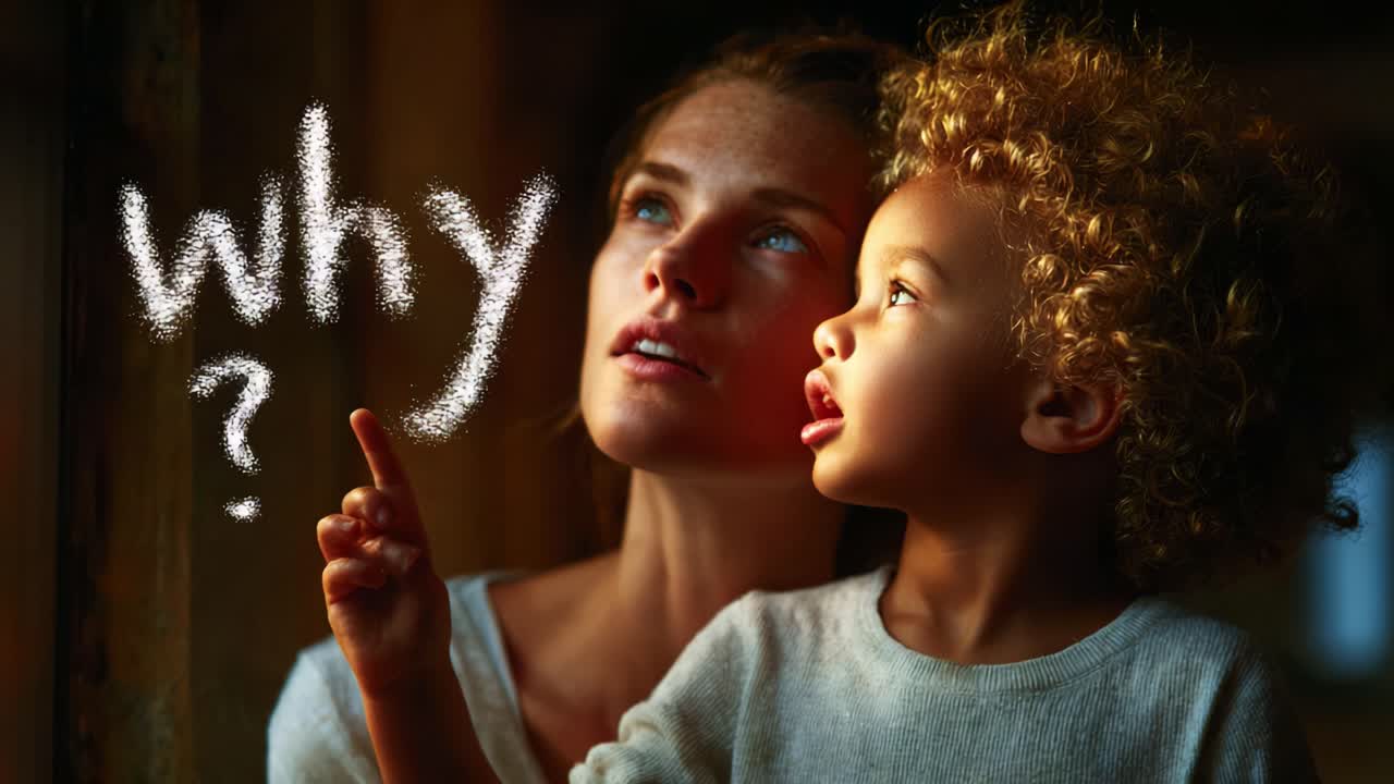 A Thought-Provoking Moment: A Mother and Child Contemplate the Meaning Behind the Question 'Why?', Reflecting Curiosity and Connection in a Beautifully Lit Setting