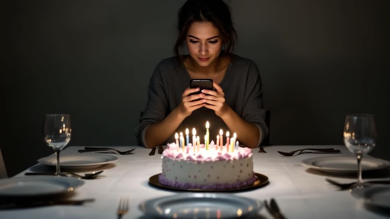 Woman celebrating birthday alone, focused on smartphone
