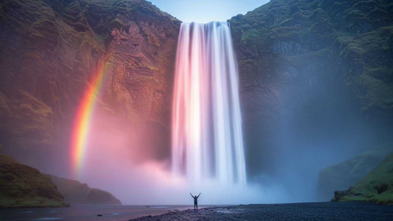 Majestic Waterfall Surrounded by Lush Greenery and a Vibrant Rainbow, Capturing the Breathtaking Beauty of Nature in Its Most Pure Form