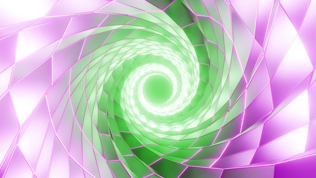 Geometric pattern with neon lights tunnel with multicolored illumination, 3d loop background