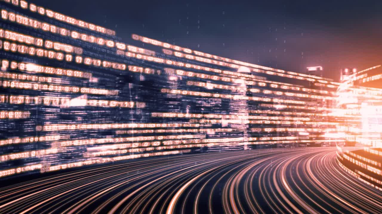 Digital Data Flowing Through a Futuristic City Network