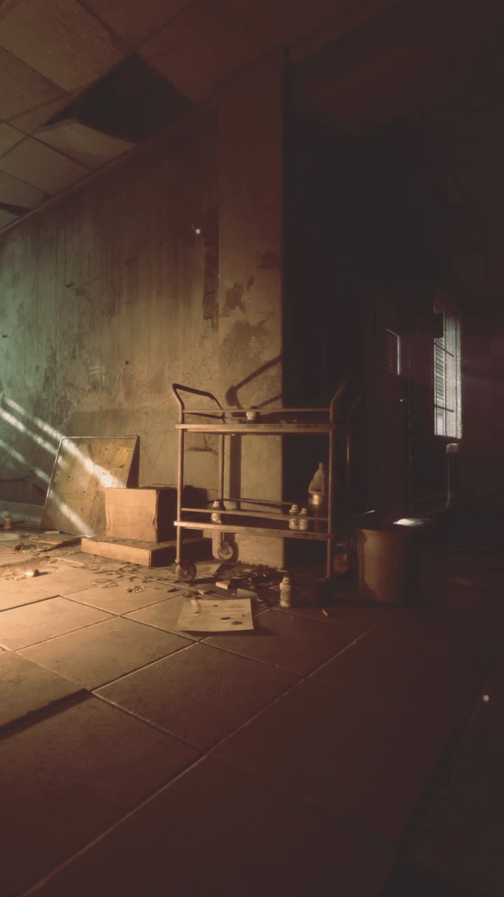 Abandoned room with scattered debris and dim lighting in urban setting