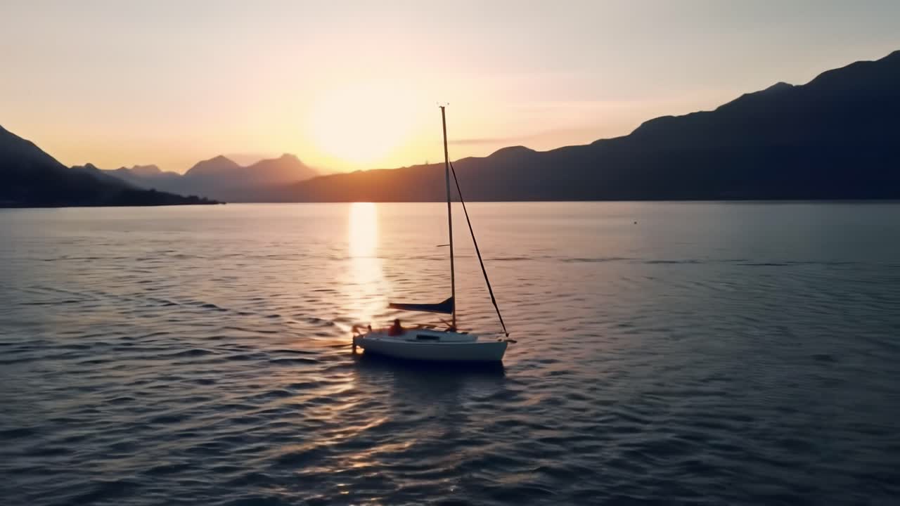 A sailboat glides smoothly across a serene lake as the sun sets behind majestic mountains. The warm hues in the sky create a beautiful evening atmosphere in summertime.