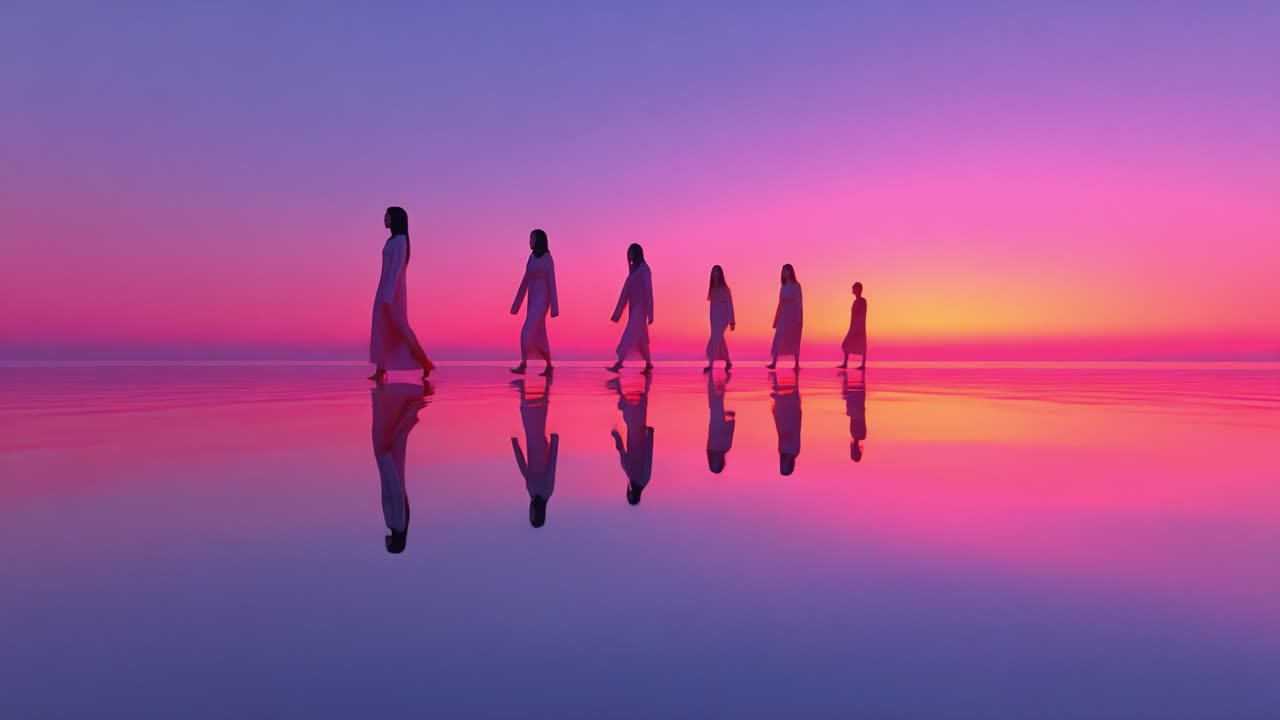 Folk, der går på vand ved solnedgang