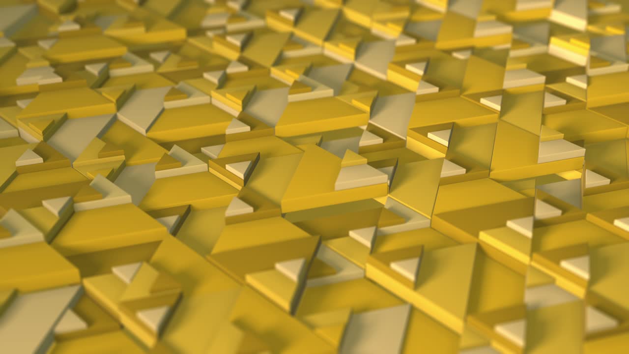 Sunny yellow color of minimalism. Selective focus. Blurriness. 3d rendering of looped animation with the movement of geometric triangles. Endless background for presentation. Business animation