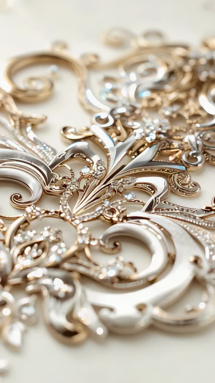 Vertical video: Panning camera over ornate filigree at showroom, revealing sparkling crystal facets