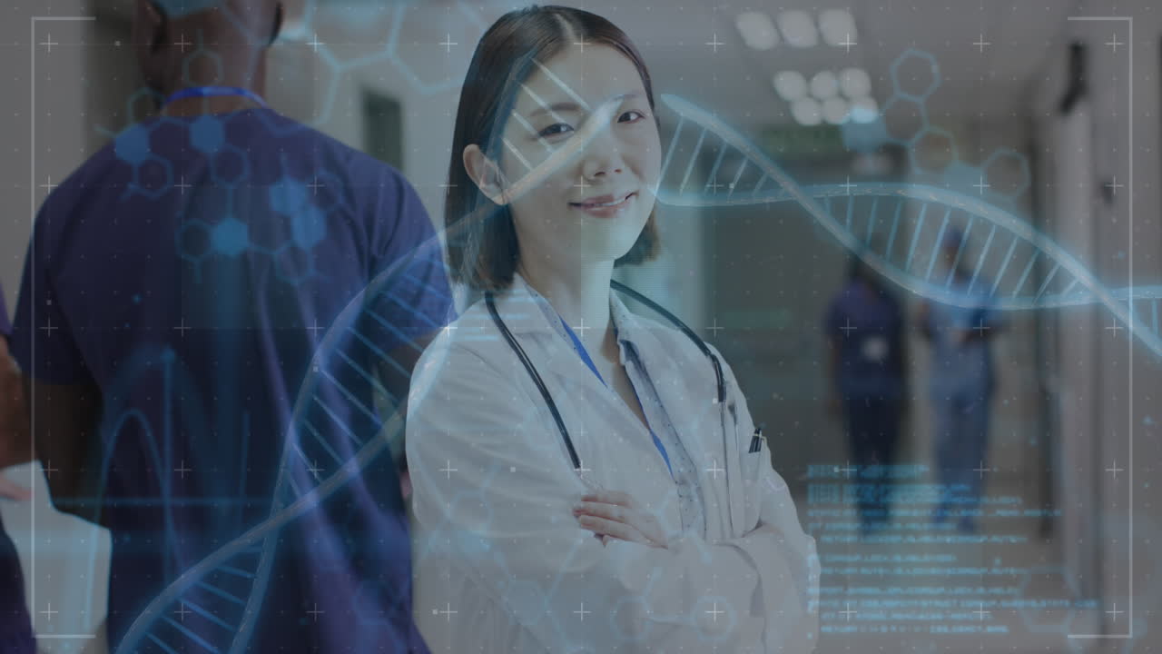 아시아 여성 의사 위의 dna  ⁇ 의 애니메이션