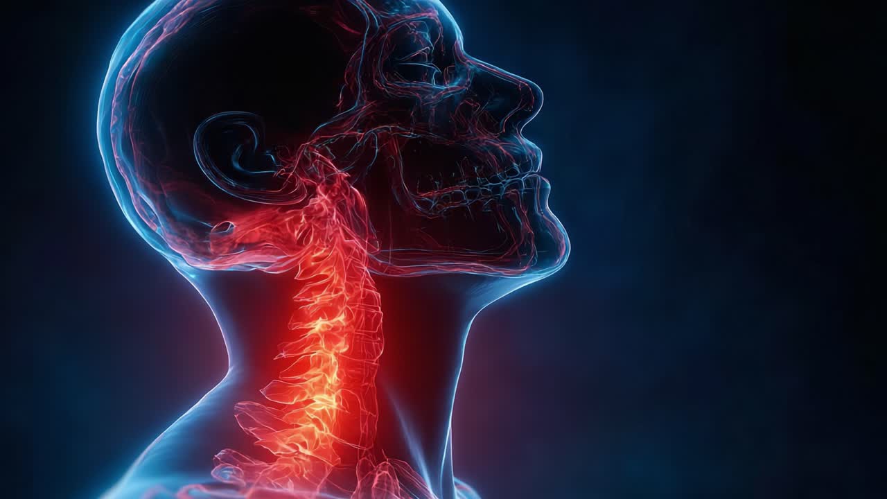 Esplorando l'Anatomia Umana: Una Splendida Immagine della Colonna Cervicale e del Cranio in Radiosi Colori Neon.