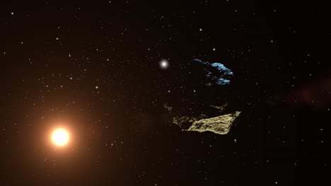 asteroid rocks and orange star rays in the dark universe