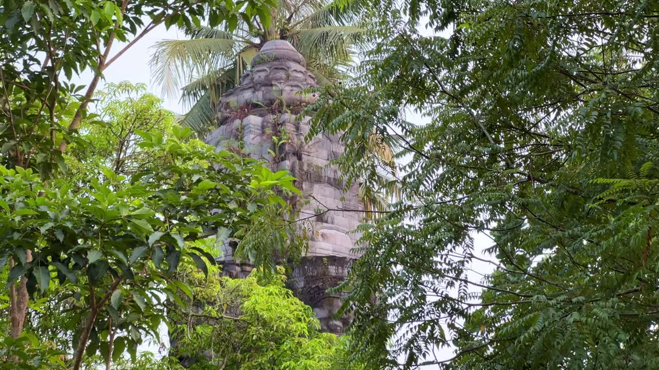el edificio del templo está hecho de piedra cubierto con hojas de árbol