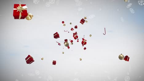 Mehrere-Weihnachtskonzeptsymbole-Fallen-Und-Schneeflocken-Schweben-Vor-Grauem-Hintergrund