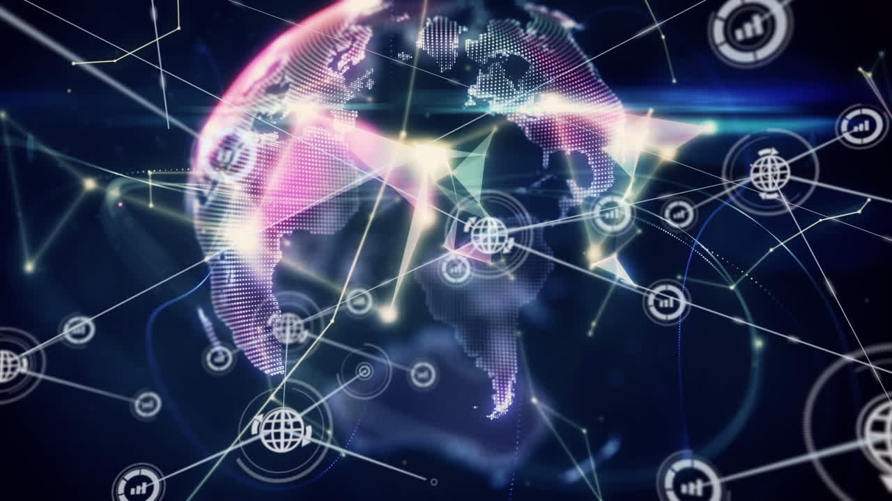 animación de una red de iconos digitales y un globo de redes de plexo girando contra un fondo negro