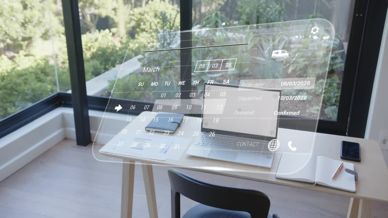 Translucent AR calendar appearing by window, sliding over desk, highlighting dates confirming order