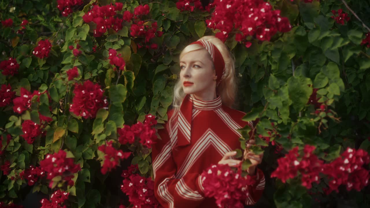 Donna elegante in abito rosso che posa tra vivaci fiori di bougainvillea