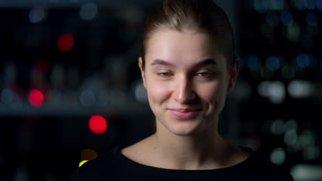 Head-shot-portrait-of-cheerful-girl-participating-in-virtual-communication.