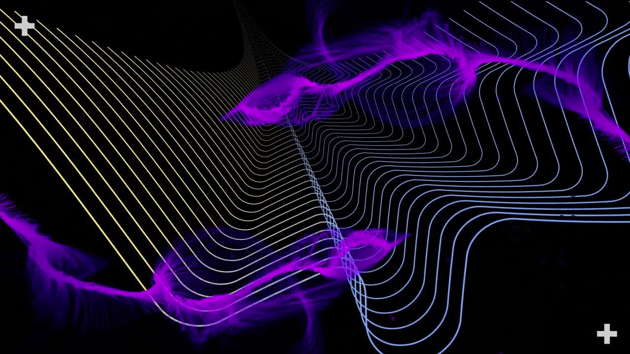 Animation of floating purple vapour over parallel yellow and blue lines, moving on black