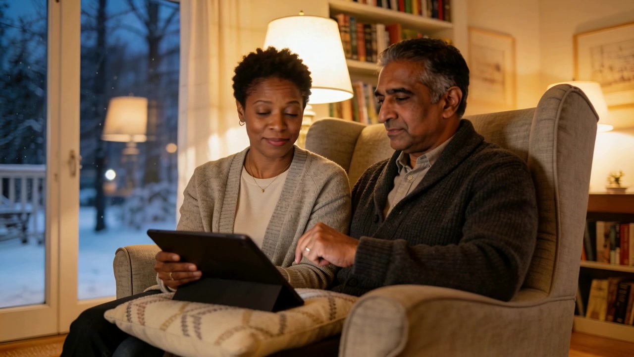 Holding tablet, couple pointing and tapping to review in living room at dusk, cardigan