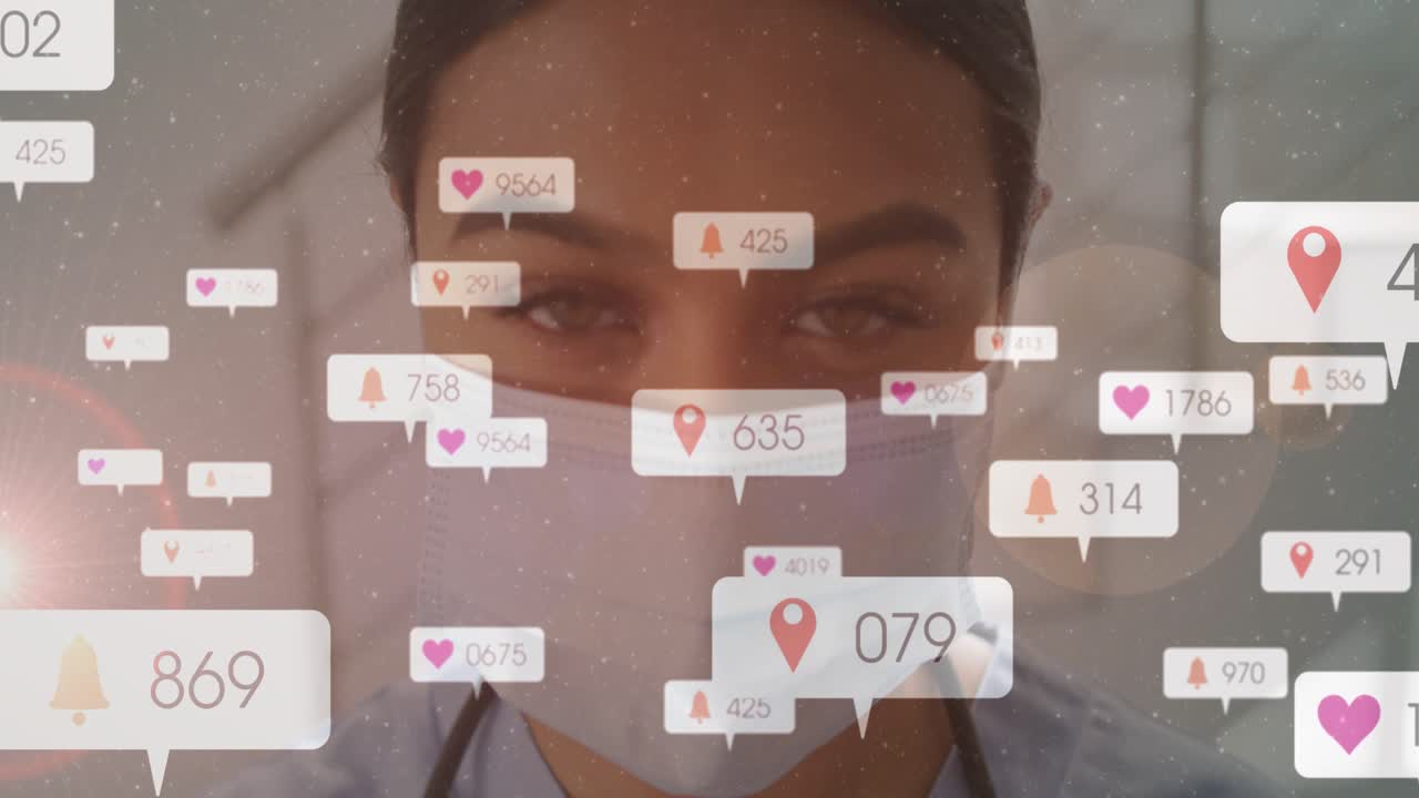 Medical worker raising mask and securing ear loops for safety in clinic with alerts increasing
