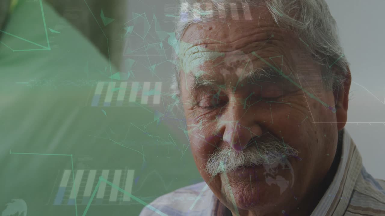 animación de redes de conexiones y procesamiento de datos sobre el hombre caucásico mayor