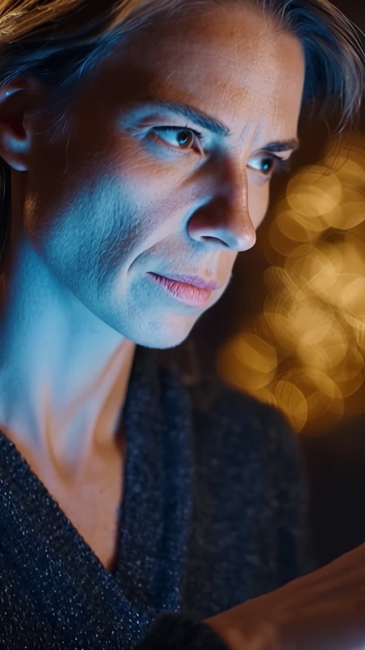 Un individuo profondamente coinvolto osserva uno schermo digitale con intensa concentrazione e curiosità, catturando la complessità delle emozioni umane e dell'interazione tecnologica.
