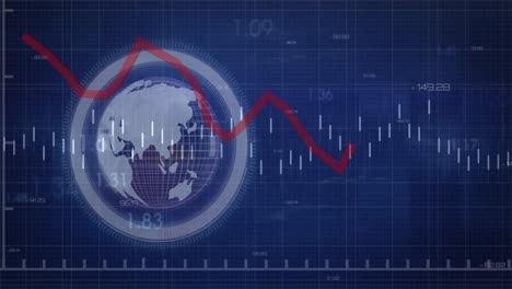 Animation-Der-Finanzdatenverarbeitung-über-Den-Globus-Auf-Schwarzem-Hintergrund