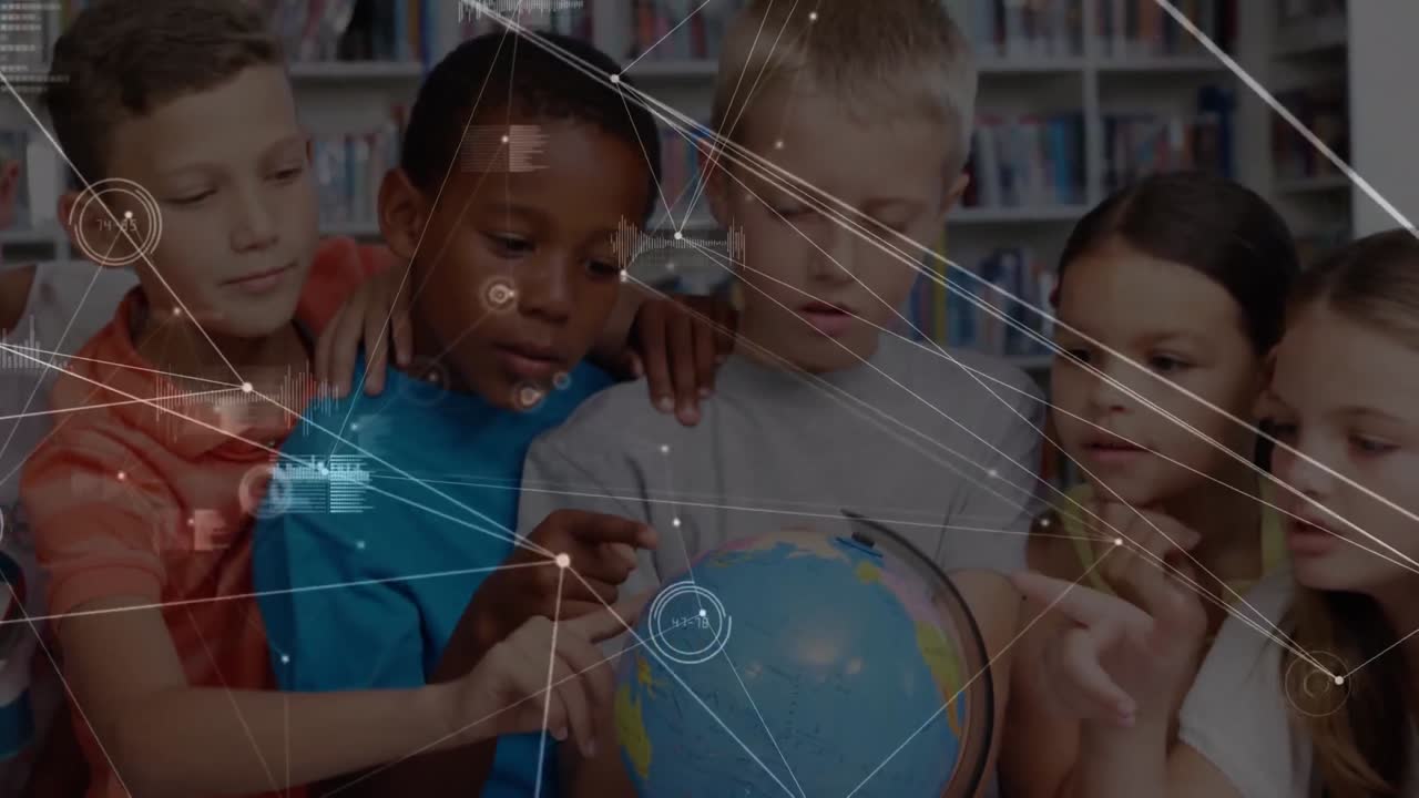 Animation of network of connections over diverse schoolchildren with globe
