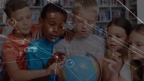 animation of network of connections over diverse schoolchildren with globe