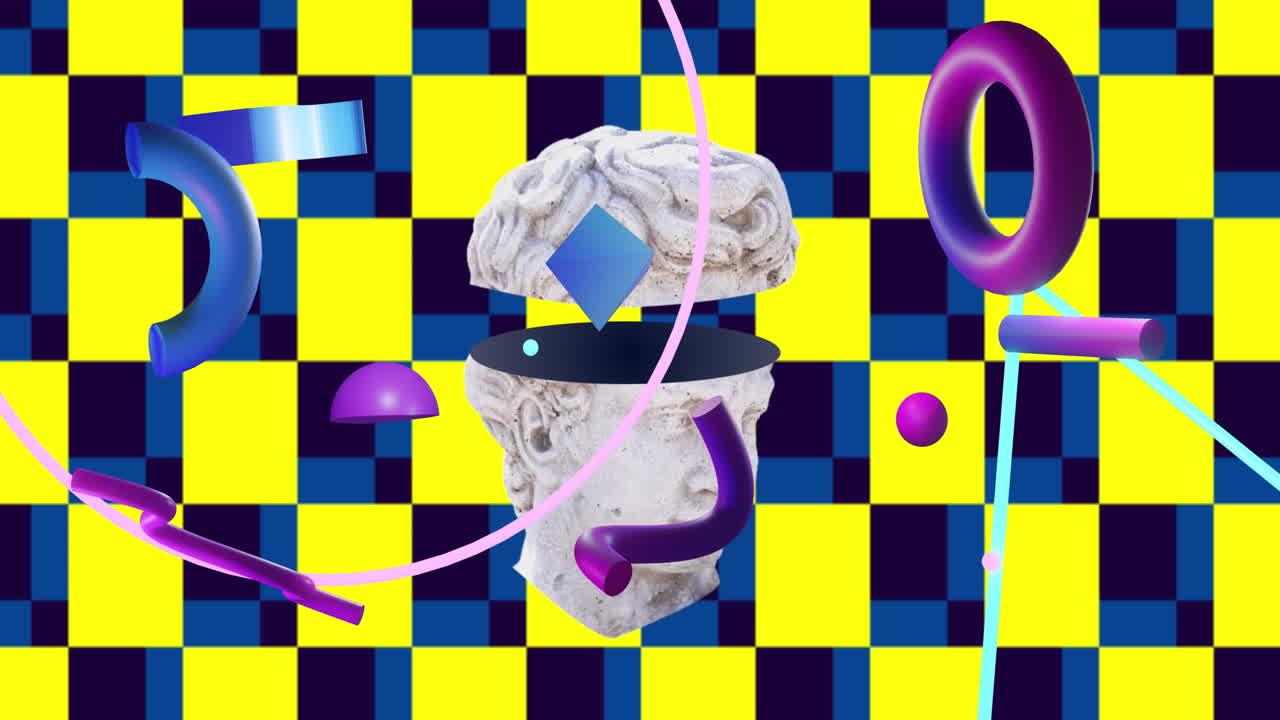 animación de una escultura de cabeza antigua sobre formas y fondo a cuadros amarillo