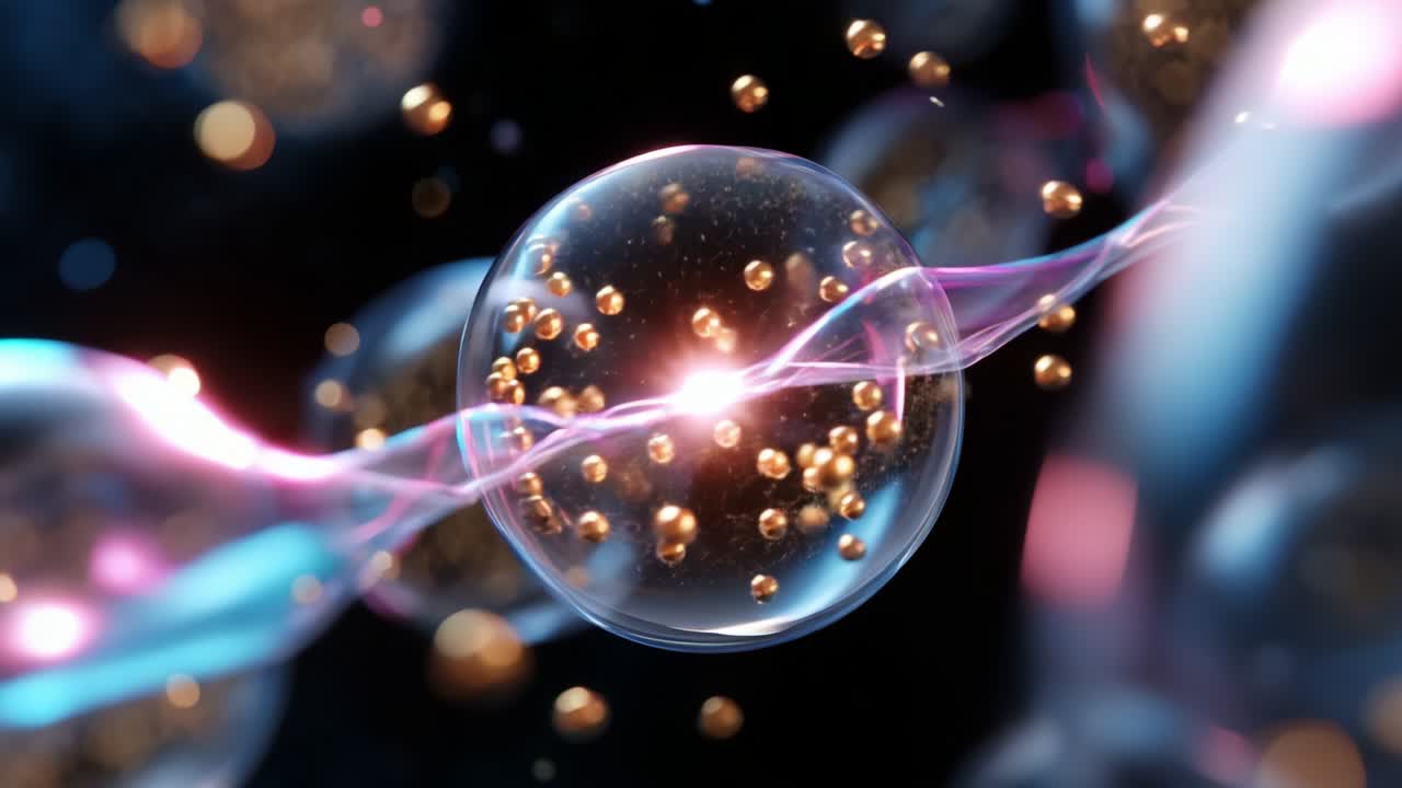 A mesmerizing visual representation of molecular structures and interactions, showcasing the intricate dance of particles within a translucent bubble, with luminous strands weaving through an ethereal space filled with energy
