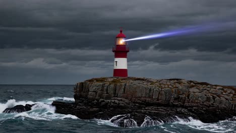 dramatic video scene of a lighthouse on a rocky shore, captured from a low angle