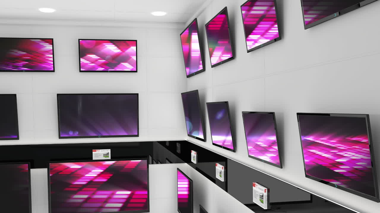 여러 텔레비전의 스크린에서 동기화 된 비디오를 재생 하는 전자 제품 상점의 내부