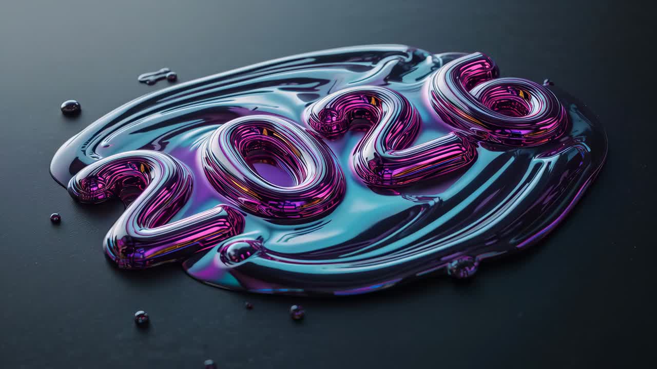 Panning camera spurring shiny metal liquid forming 2026 on studio table, revealing digits and beads