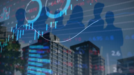 animation of diagrams and stock market over silhouettes of business people and cityscape