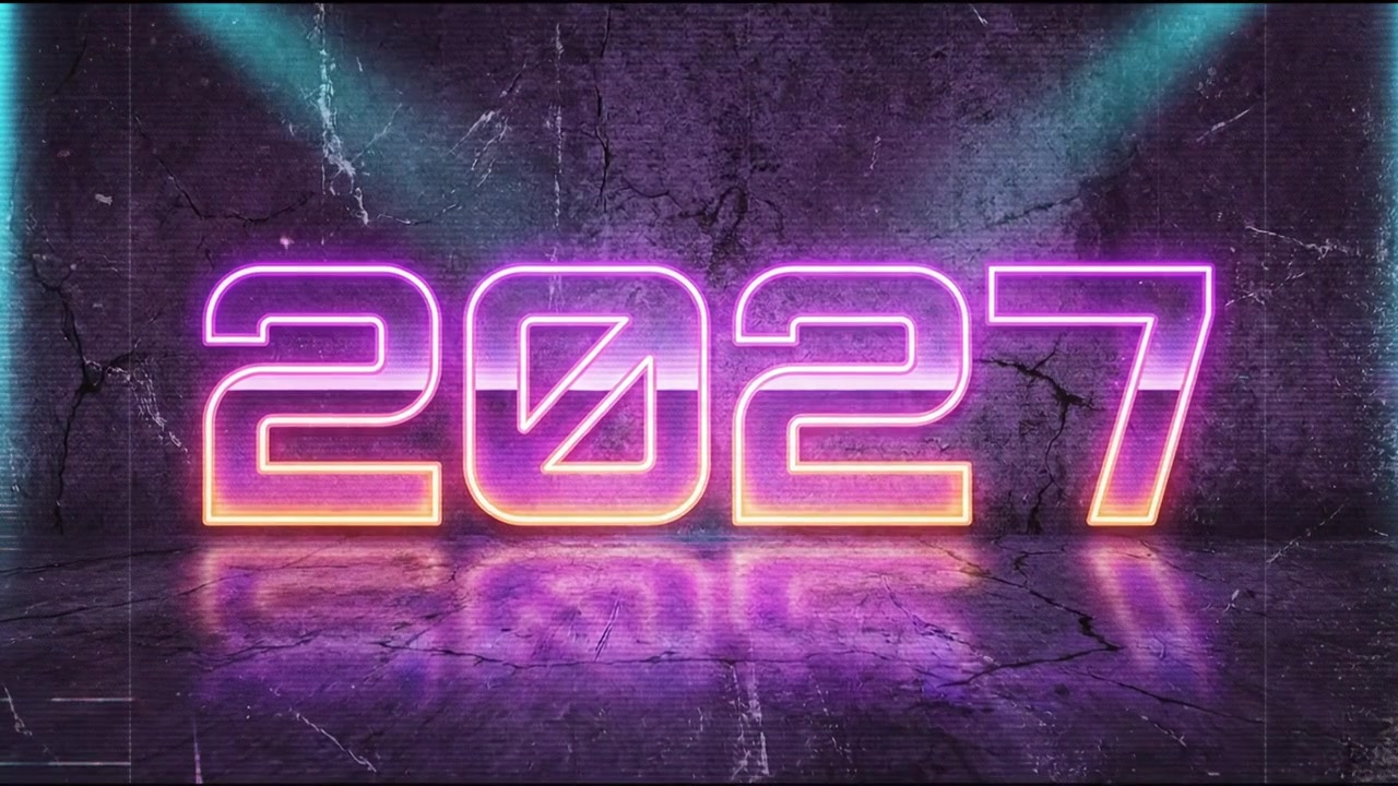 Numeri animati del nuovo anno 2027 con scritte al neon rosa e viola e sfondo scuro