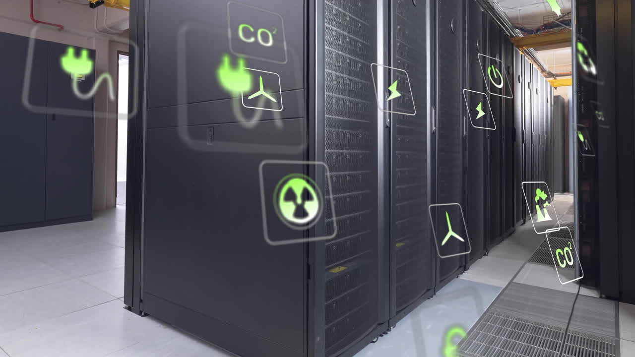 animación de iconos ecológicos y procesamiento de datos a través de servidores informáticos.