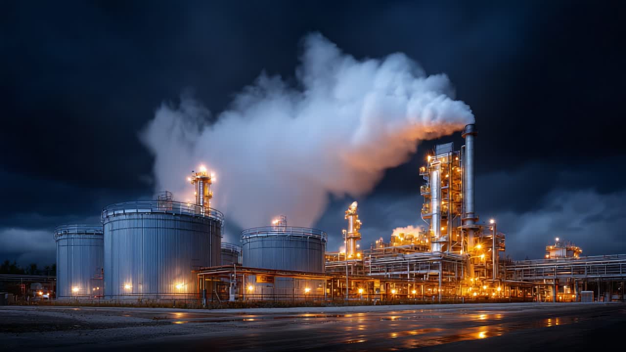 Dramatic Industrial Landscape: A Robust Chemical Plant Illuminated by Night with Industrial Gases Emitting from Towering Stacks Against a Darkening Sky