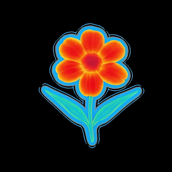 Fiore arancione luminoso animato con contorno blu su sfondo nero