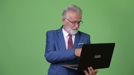 Handsome senior bearded businessman against green background