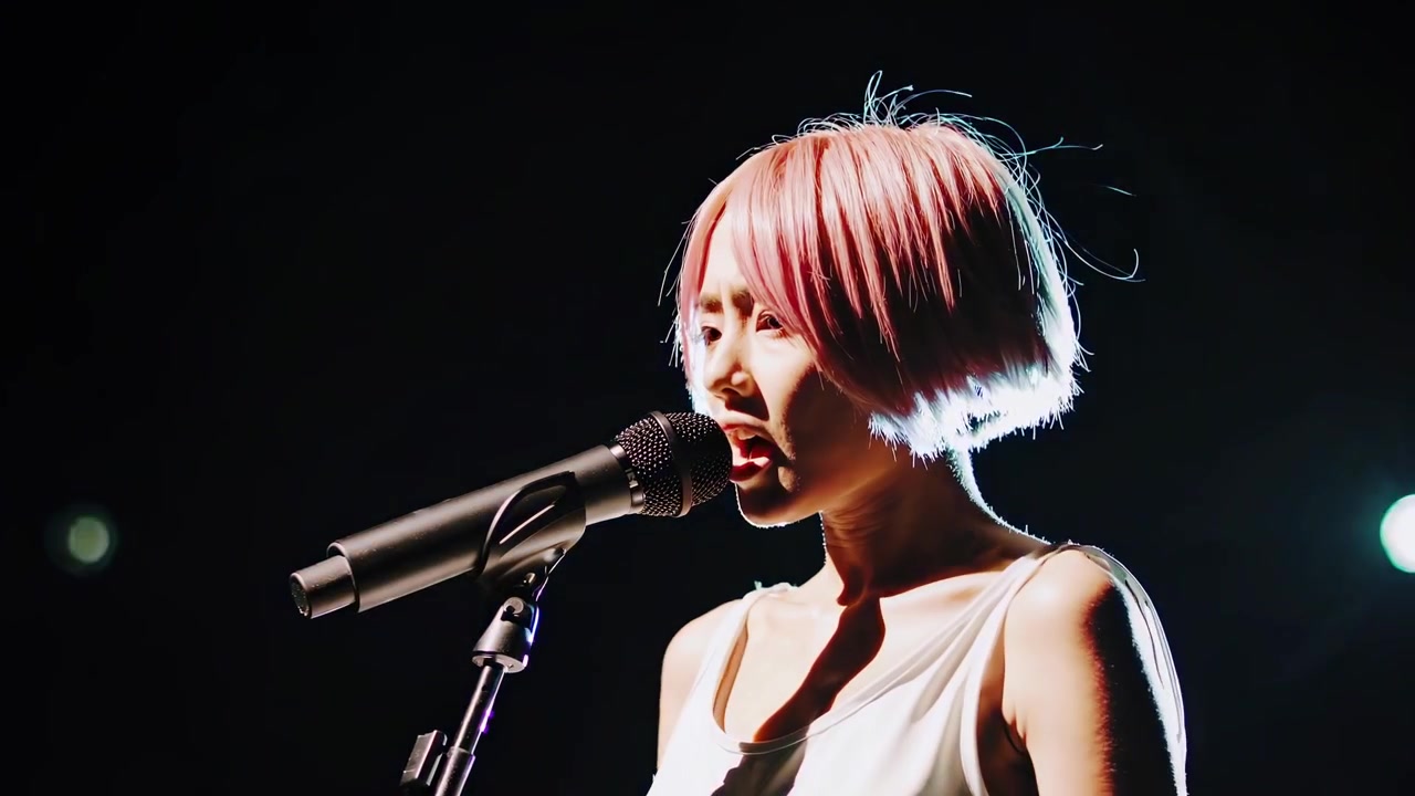 Female Singer with Pink Hair Performing on Stage with Backlight