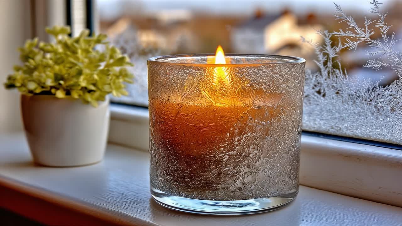 En rolig scene med et flimrende stearinlys på en vinduskarm midt i frostet glass, fremhevet av et delikat blomsterarrangement i en potte