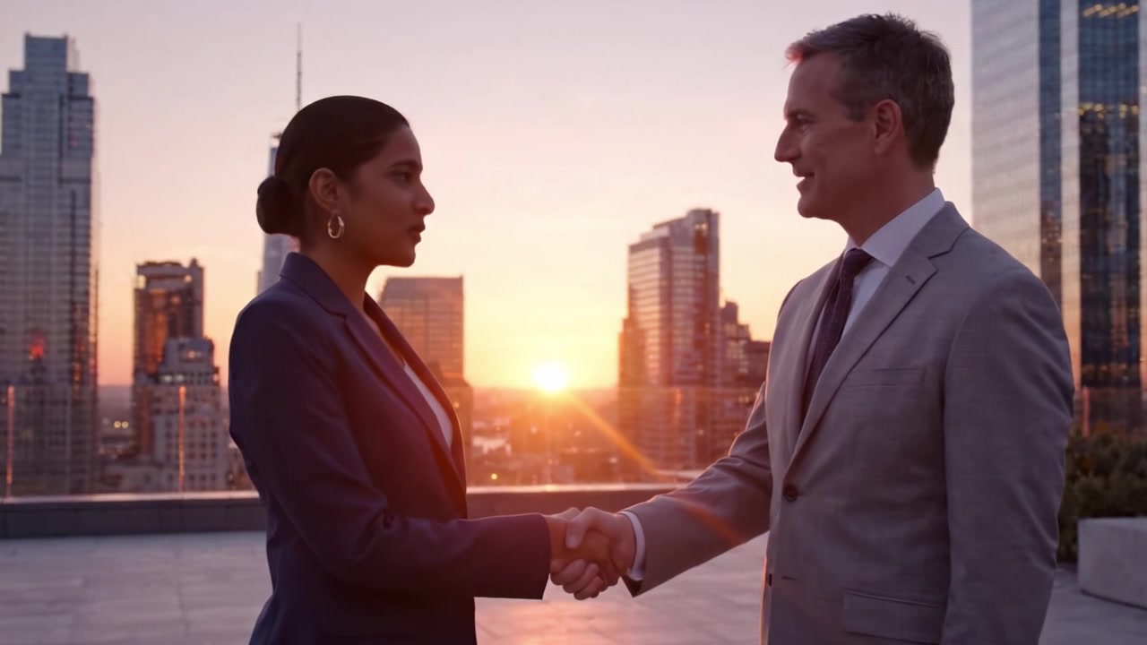 Un momento di networking professionale al tramonto: due colleghi che si stringono la mano sullo sfondo di uno skyline urbano mozzafiato, simboleggiando opportunità e collaborazione.