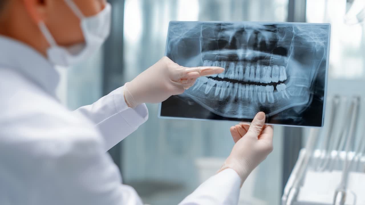 A Dental Professional Analyzing an X-Ray Image to Diagnose Oral Health Issues in a Patient's Mouth with Attention to Details and Conditions
