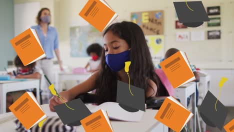 animación de elementos escolares iconos que se mueven sobre los escolares que llevan máscaras faciales