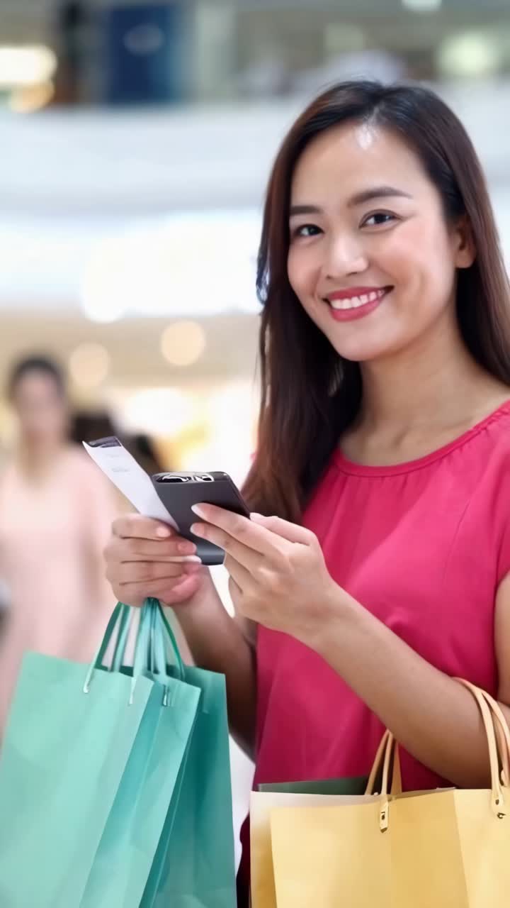 Young asian woman holding shopping paper bags in a shopping mall