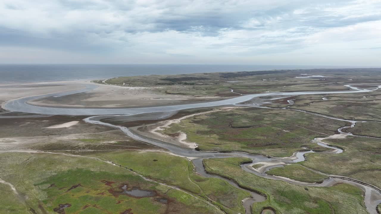 National Park Dunes of Texel, The Netherlands. Nature reserve, dunes area, north sea. An aerial drone video.