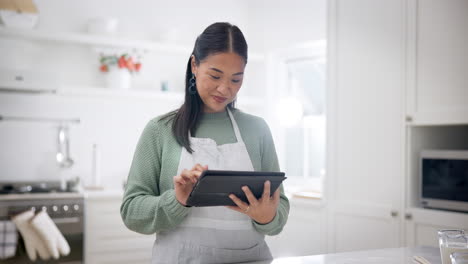 Kitchen,-connection-and-woman-with-tablet