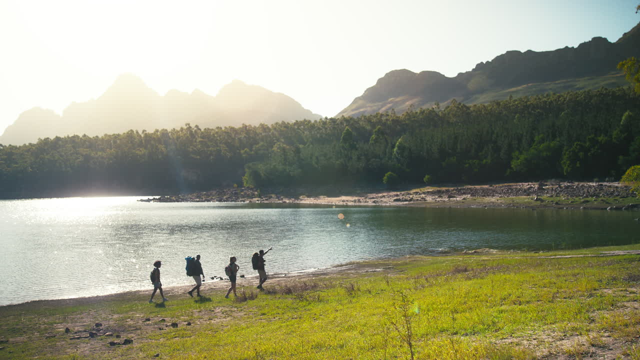 Vidvinkelbilde av en gruppe venner med ryggsekker på ferie som vandrer ved innsjø og fjell