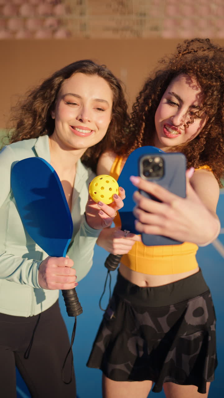 Two girls with curly hair, holding pickleball rackets smiling and talking while taking selfies on a blue court. Vertical